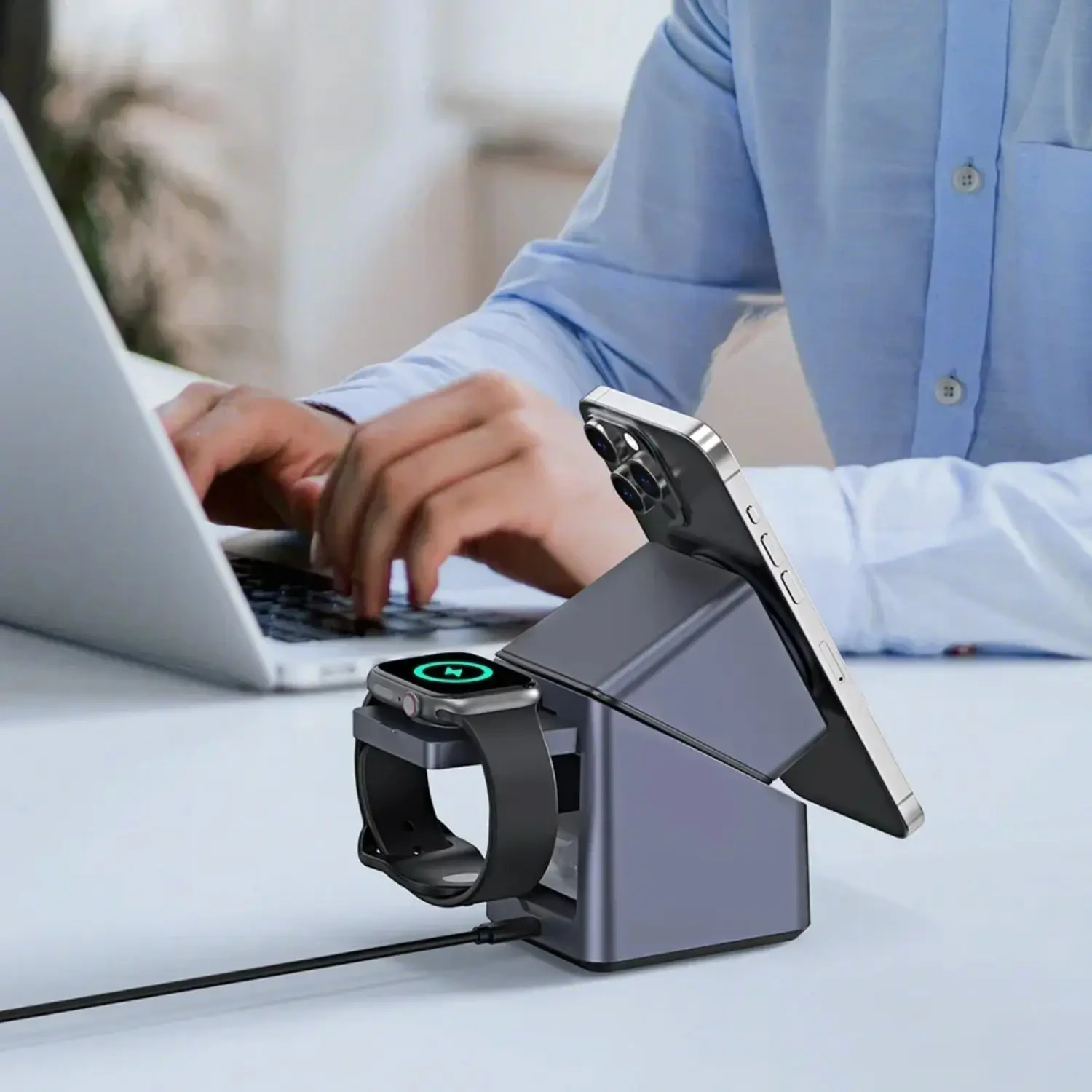 This 3-in-1 wireless charging stand features a 15W magnetic design and can charge iPhone, Apple Watch, and AirPods simultaneously, making it suitable for use on a bedroom bedside table or in the office.