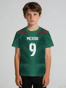 Boys' Sports T-Shirt, Mexico Dark Green Zigzag No.9 Shoulder Stripe, Vintage Jersey Number Crew Neck Short Sleeve, Soft Sweat-Wicking No Deformation, for PE Training Soccer Outdoor Party, Machine Washable Kids Gift