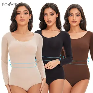Spandex Elastic Body Suit Shapewear Women Body Shaper Tummy Control Long Sleeve Open Crotch Round Neck Seamless Shapers
