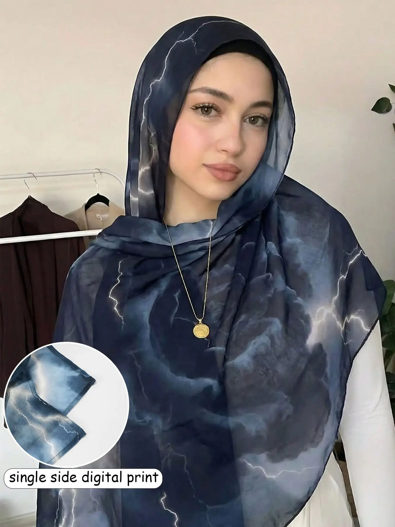 Elegant Floral Modesty Hijab Wrap Scarf, Comfortable Breathable Long Shawl, Fashionable Muslim Daily Wear, Lightning Blue Color, Women's Headscarf