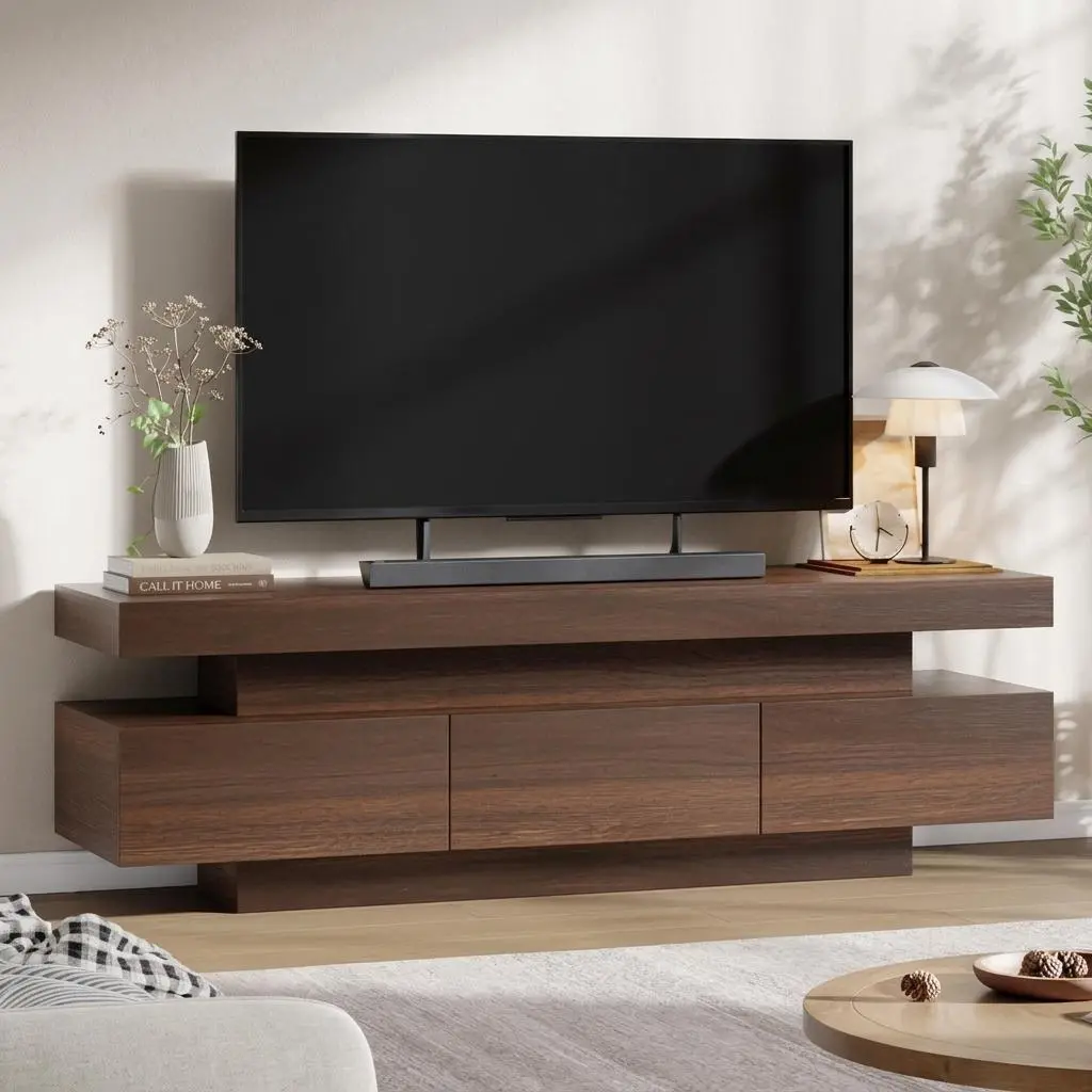 Mid-Century Modern 60" TV Stand for 65" TVs, Wood Entertainment Center Media Console with Drawer & Open Shelves, Cable Management, Tapered Legs, Vintage Brown