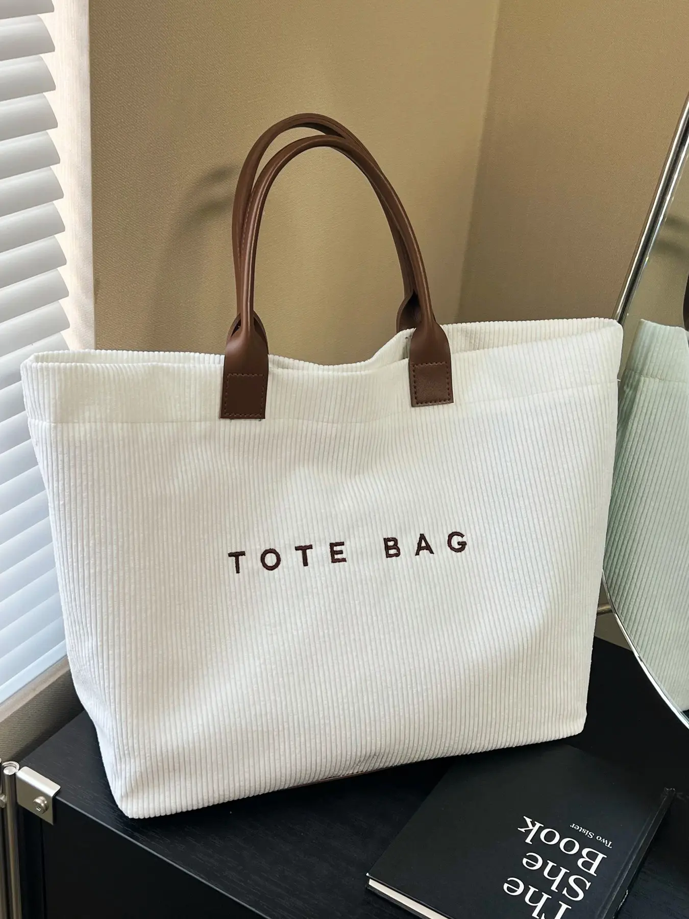 White & Brown Color-Blocked Corduroy Tote Bag for Women - Large Capacity Minimalist Shoulder Handbag, Commuter Work Bag, Perfect for Commuter Shopping Daily Travel