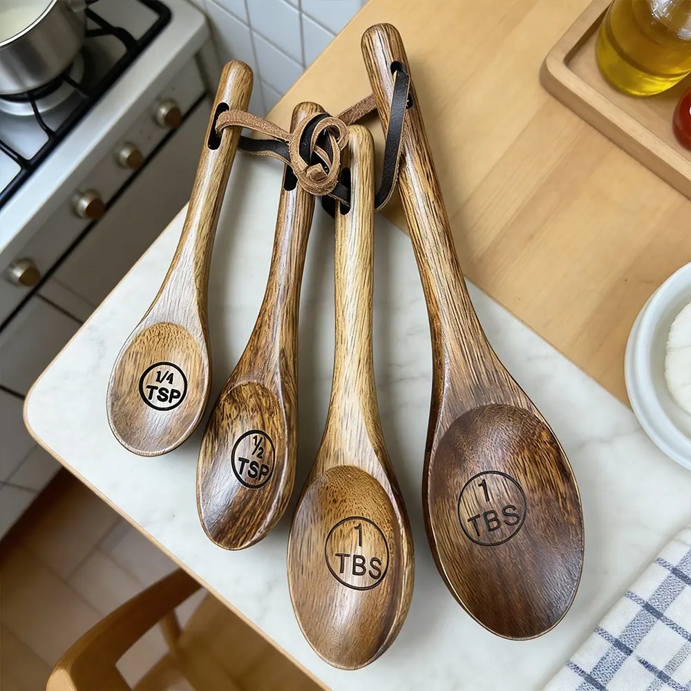 Wooden Measuring Spoon Set, Coffee Tea Sugar Spice Measurement Tools, Food Measuring Tool, Reusable Kitchen Utensils, Ideal for Baking, Four-Piece Kit