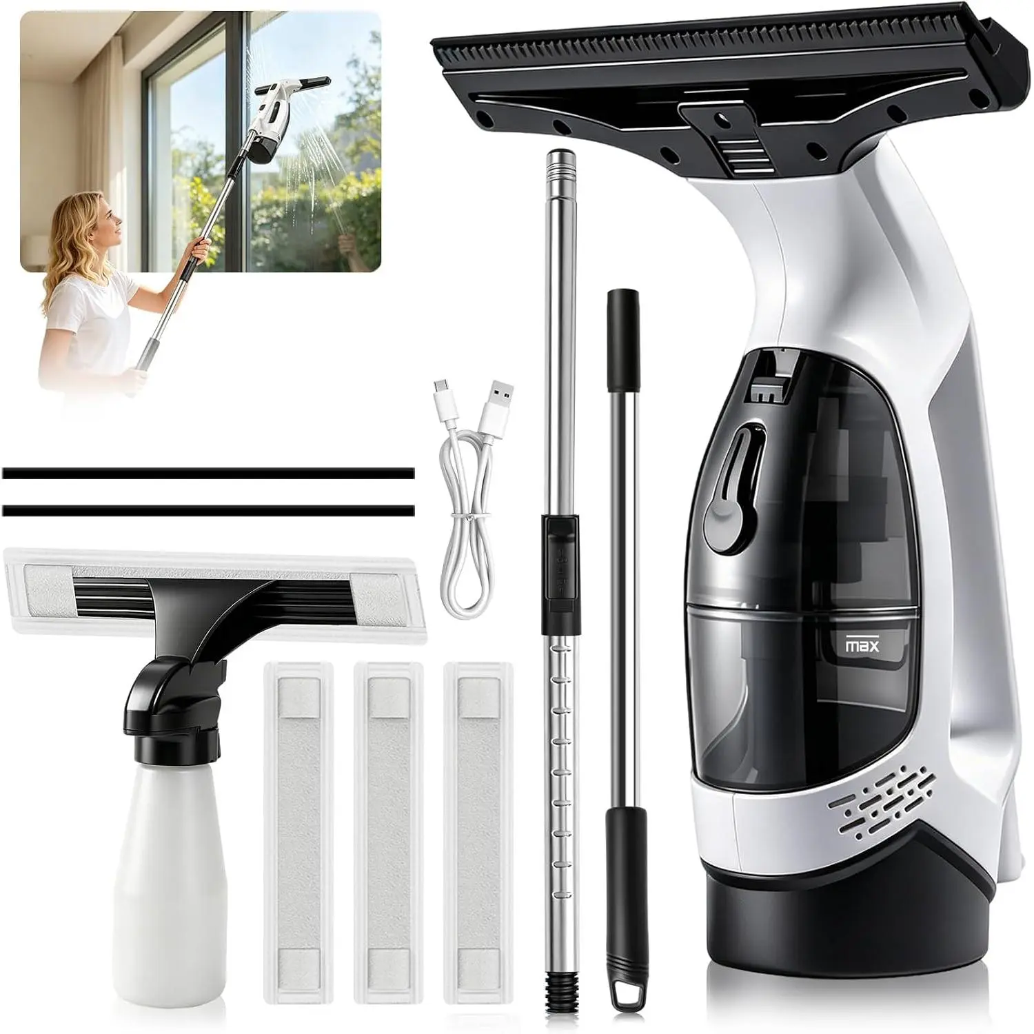 2000Pa Window Vacuum  with 31-40" Pole, 2200mAh & 150ml  | Electric Window Cleaning Tool for Windows, Shower Doors, Mirrors, and Tiles