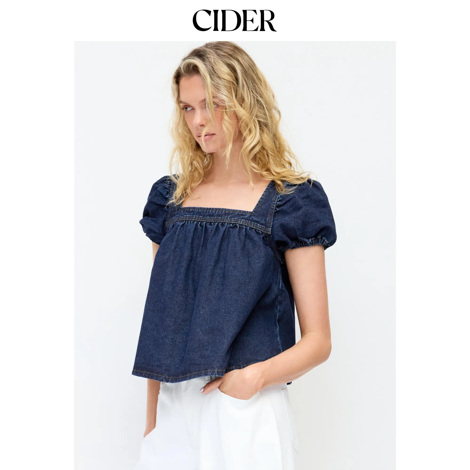 Cider Washed Denim Square Neck Puff Sleeve Drawstring Oversized Blouse