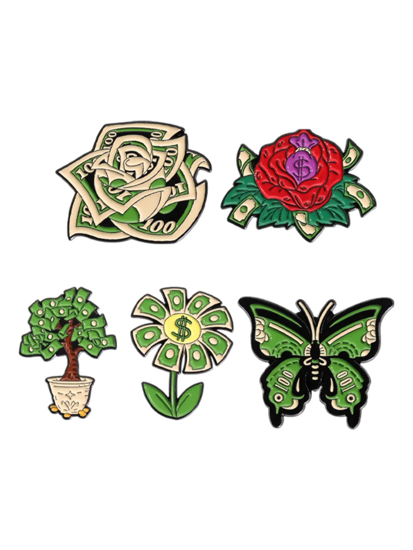 5-Piece Creative Dollar Bill Flower Enamel Brooch Set, Money Tree Butterfly Alloy Badge, Fashion Accessories for Backpacks and Lapels