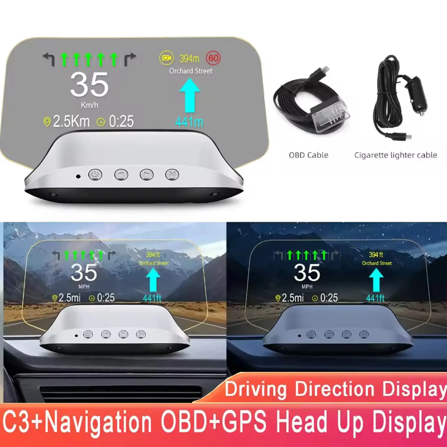 C3 Head-Up Display, Obd2 Hud Rearview Mirror Navigation, Car Quick Warning, Speedometer, Nav, Diagnostics, Windshield Projector, Multiple Interfaces, Universal Fit