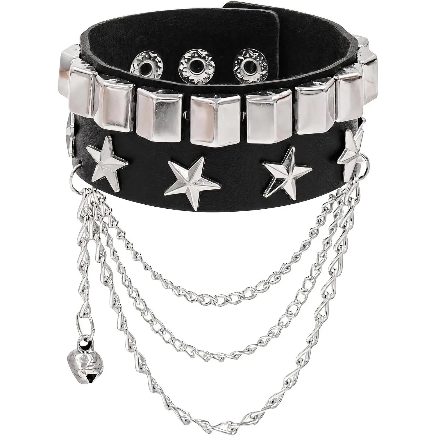 Punk Studded Bracelet for Women Men, Y2K Goth Adjustable PU Leather Rock Bangle with Stars and Layered Chains, Emo Gothic