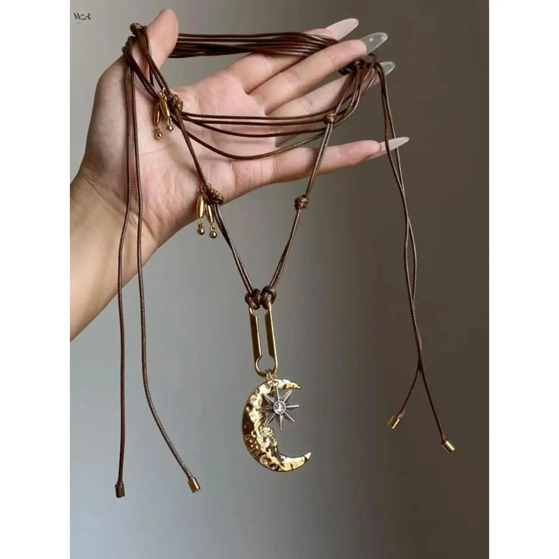 Women's Vintage Hammered Alloy Metal Crescent Moon-Crystal Stars Pendant Necklace, Adjustable Brown Wax Cord Long Chain, Celestial Motif Boho Layering Jewelry for Casual Wear Gifts