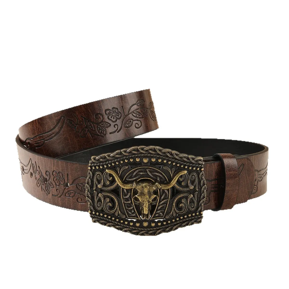 Vintage Western Cowboy Belt Antique Bronze Longhorn Bull Skull Buckle Floral Embossed Maroon Leather Belt Unisex For Rodeo Country Concert