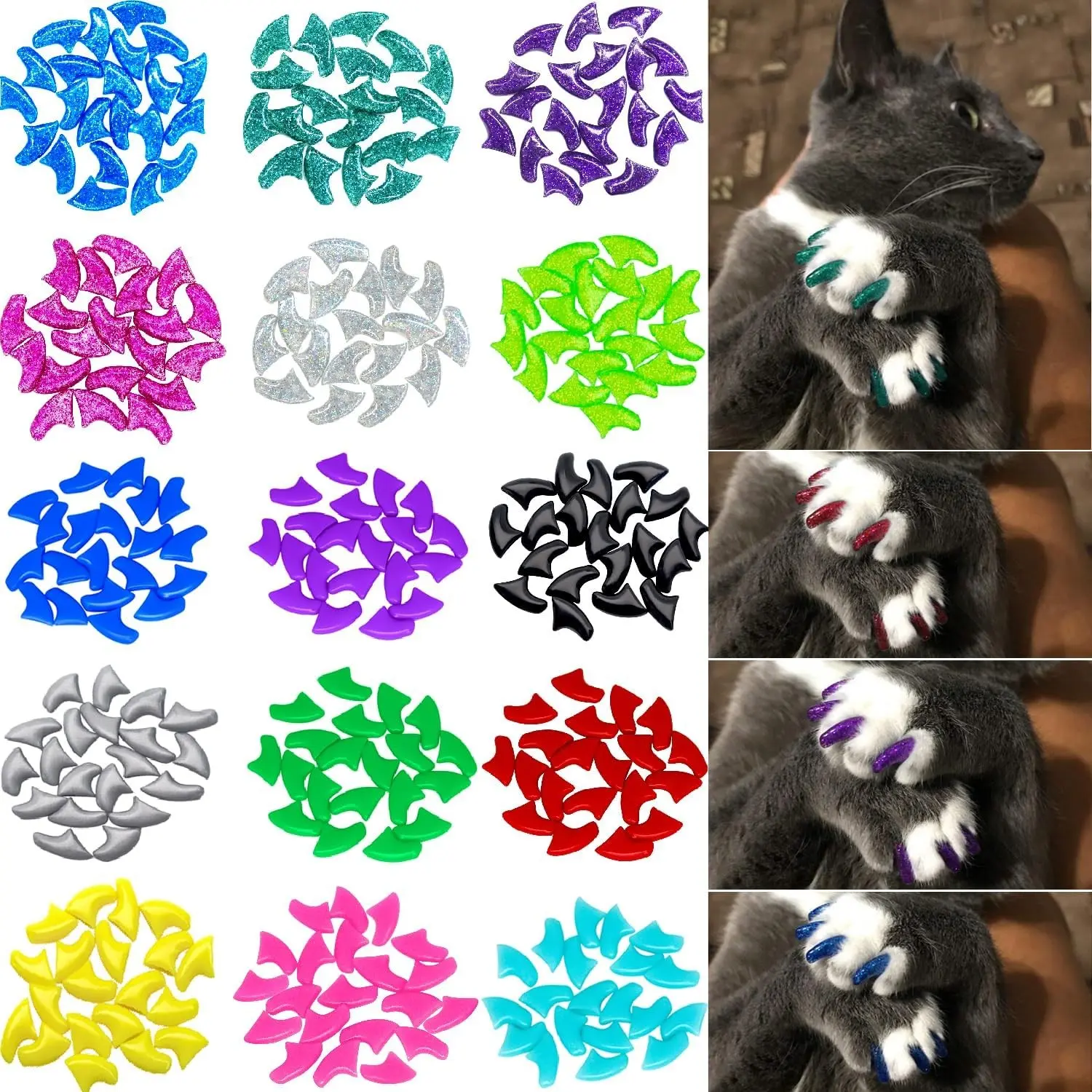 Cat Nail Caps - 160pcs Colorful Multi-Colors Set (16 Colors), Medium Size Adhesive Caps with Applicators for Claw Protection, Colorful Set