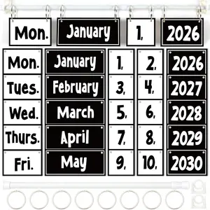 Black White Flip Calendar Bulletin Board Set Black Calendar for Classroom Whiteboard Decor with 2026 to 2030  Date Cards and Adjustable Rod for  Elementary  to School Teacher Supplies