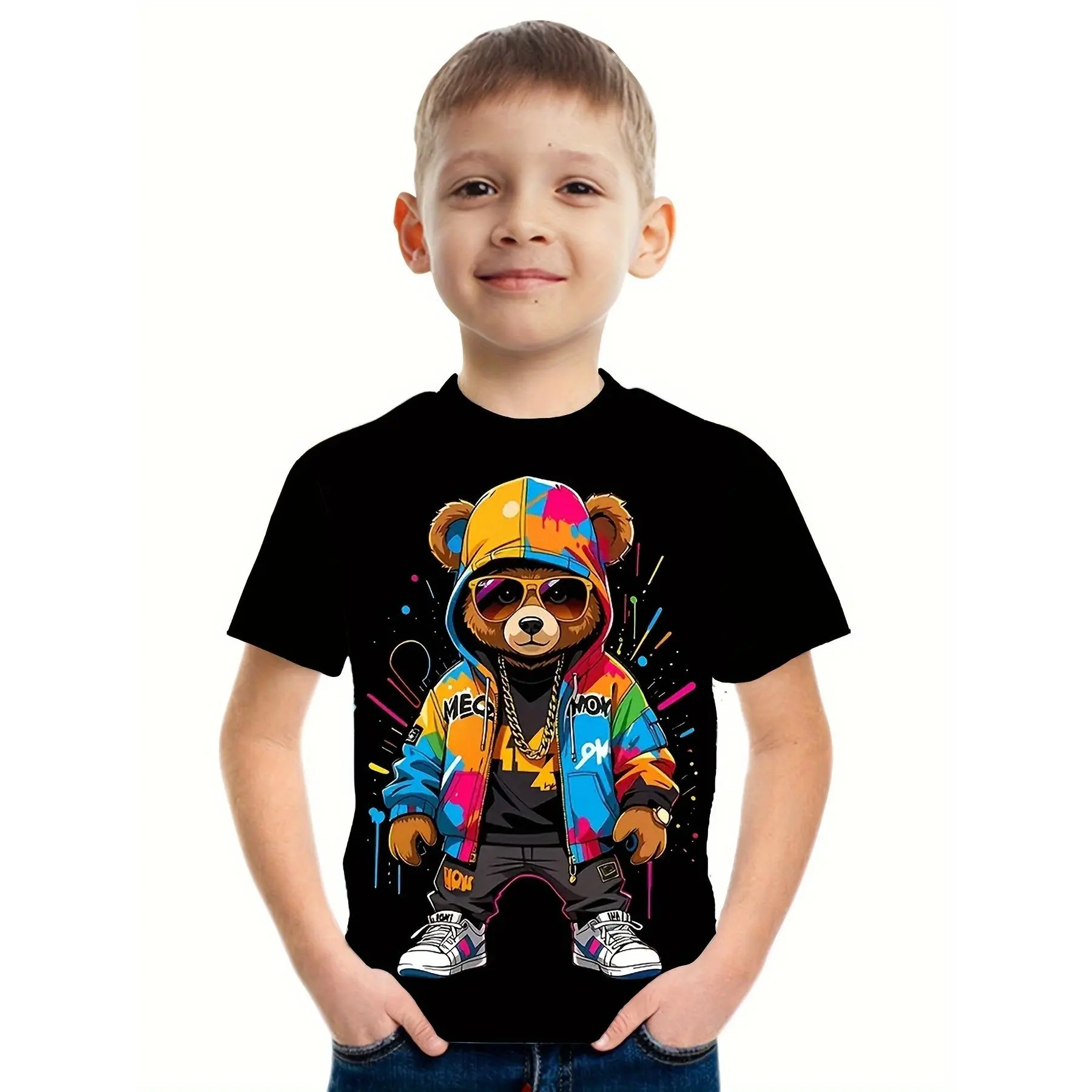 Cartoon Cool Bear 3D Printed Boys' Comfortable T-Shirt, Cool, Casual And Versatile Short Sleeve T-Shirt