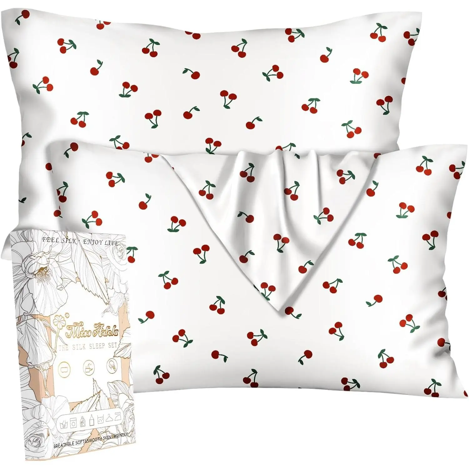 Silk Pillowcase 2 Pack - Pillow 20" x 26" Standard Size Set of 2 for Hair and Skin Soft Breathable with Hidden Zipper Cute Cooling Pillow Covers for Sleeping, Cherry