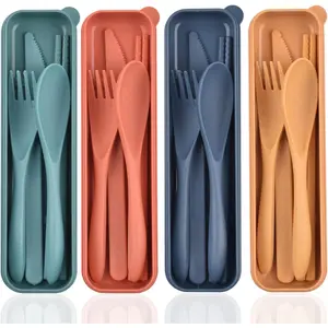Reusable Utensils Set with Case, 4 Sets Wheat Straw Travel Cutlery Set, Portable Spoon Knife Fork Chopsticks Lunch Box Utensil Set for Kids Adults