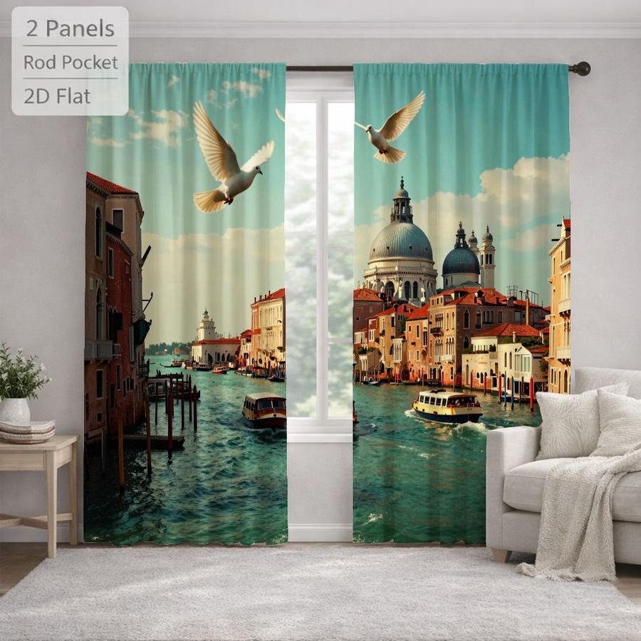 2Pcs Scenic Venice Cityscape Birds Pattern Sun Blocking Curtains Digital Printed Rod Pocket, Window Treatment For Bedroom Office Kitchen Living Room Study Home Decor