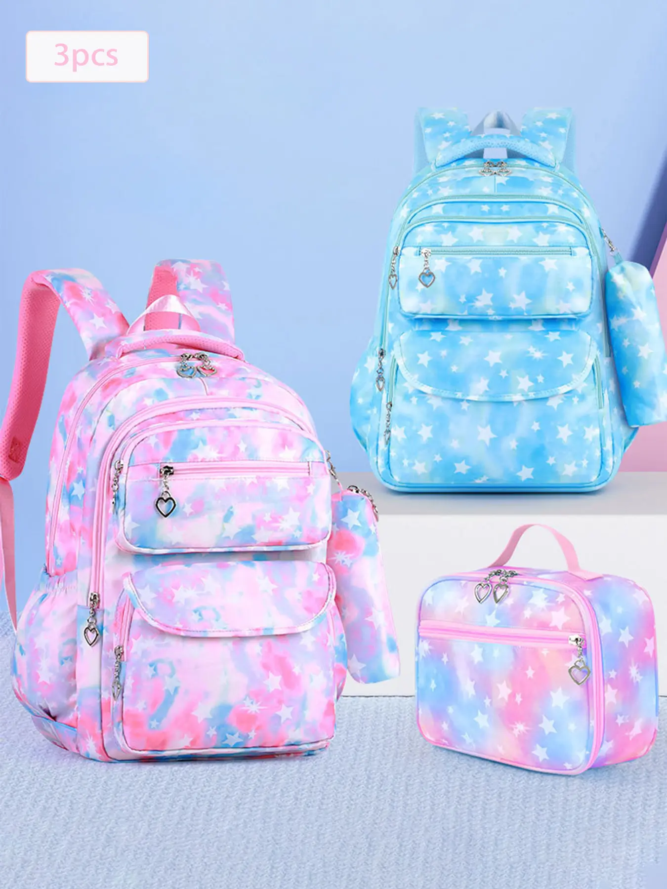 3Pcs Star Print Tie-dye Backpack Set Heart-shaped Zipper Pulls Matching Lunch Bag Stationery Pouch Adjustable Padded Straps Large Storage for Campus Study Short Trips Daily Outings