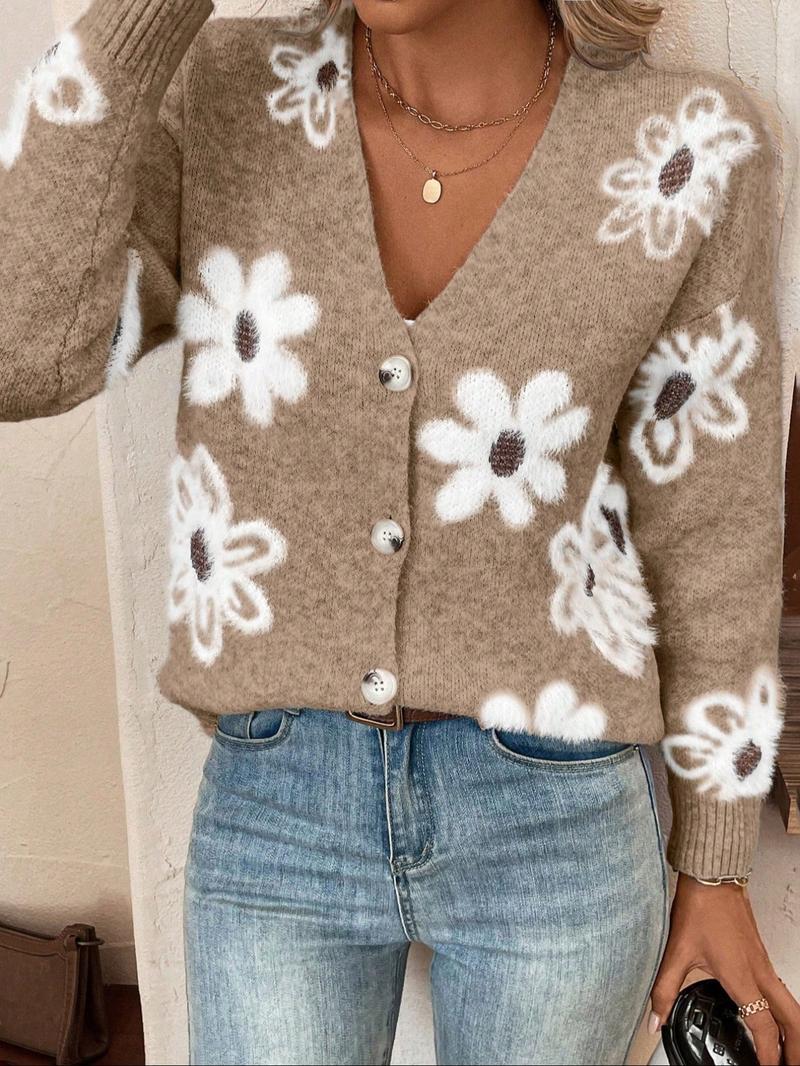 Plus Size Floral Print Button Front Cardigan, Casual Drop Shoulder  V Neck Knitwear for Fall & Winter, Women's Plus Clothing for Daily Wear
