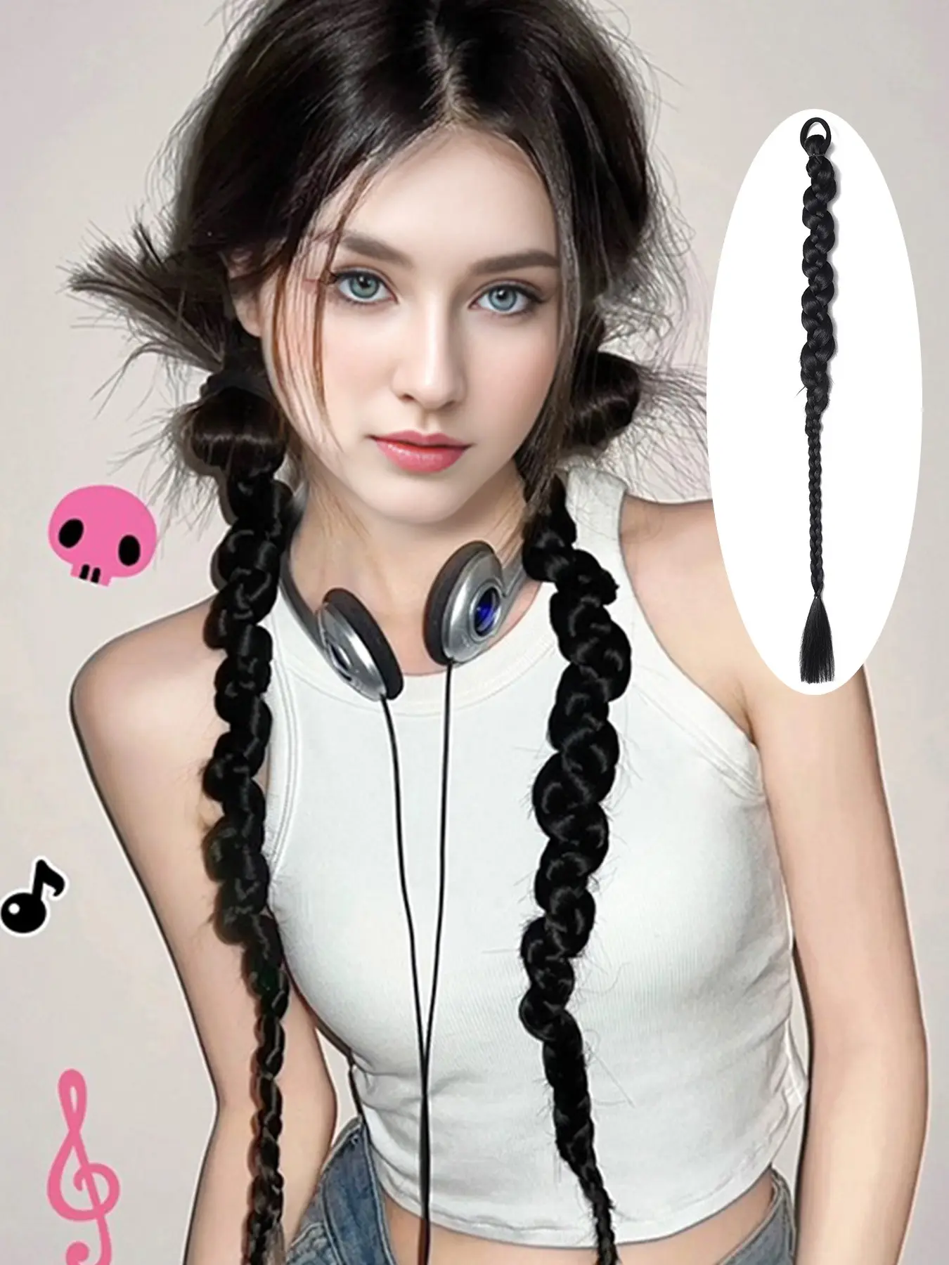 24/28 Inch Black Yaki Synthetic Braided Ponytail Extension with Elastic Hair Tie, Heat Resistant Thick Long Twist Braid Ponytail Hairpiece, Easy Install Natural Looking Single Braids for Women Daily Costume Cosplay, Synthetic Hair Extensions