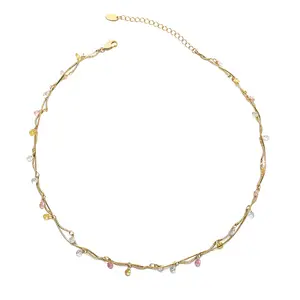18K Gold Plated Brass Twisted Wire Choker with Colorful Cubic Zirconia — French Retro Edition