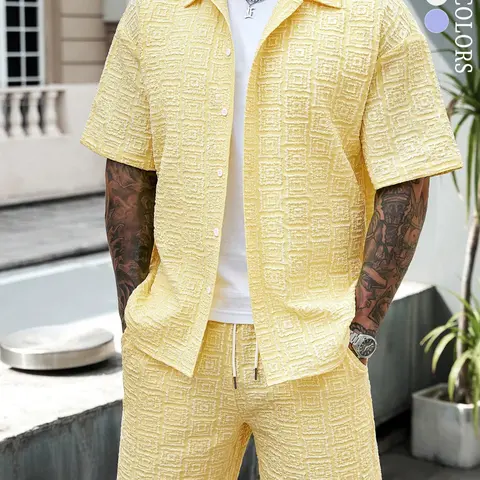 Men's Two-Piece Set Short Sleeve Shirt and Shorts, Casual Button-Down Top and Shorts, Tropical for Summer Vacation and Beach
