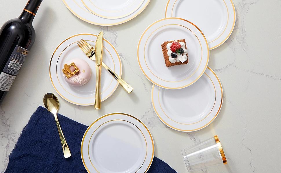 THE WELL KEPT 300PCS Gold Plastic Silverware, Heavy Duty Gold Plastic Cutlery Set Disposable Flatware Dinnerware, 100 Forks, 100 Spoons, 100 Knives, Perfect for Party, Wedding and Daily Use Gold-160Pack