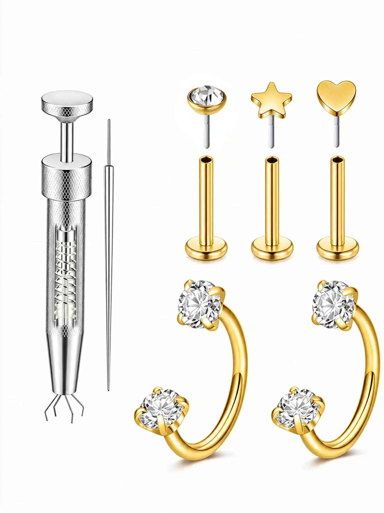 Hypoallergenic Threadless Piercing Jewelry Set with Insertion Tool, 20G CZ Flat Back Studs & Horseshoe Septum Ring, Star Heart Stainless Steel Body Piercing Kit for Sensitive Skin Fresh Piercings, Nose Piercing Jewelry