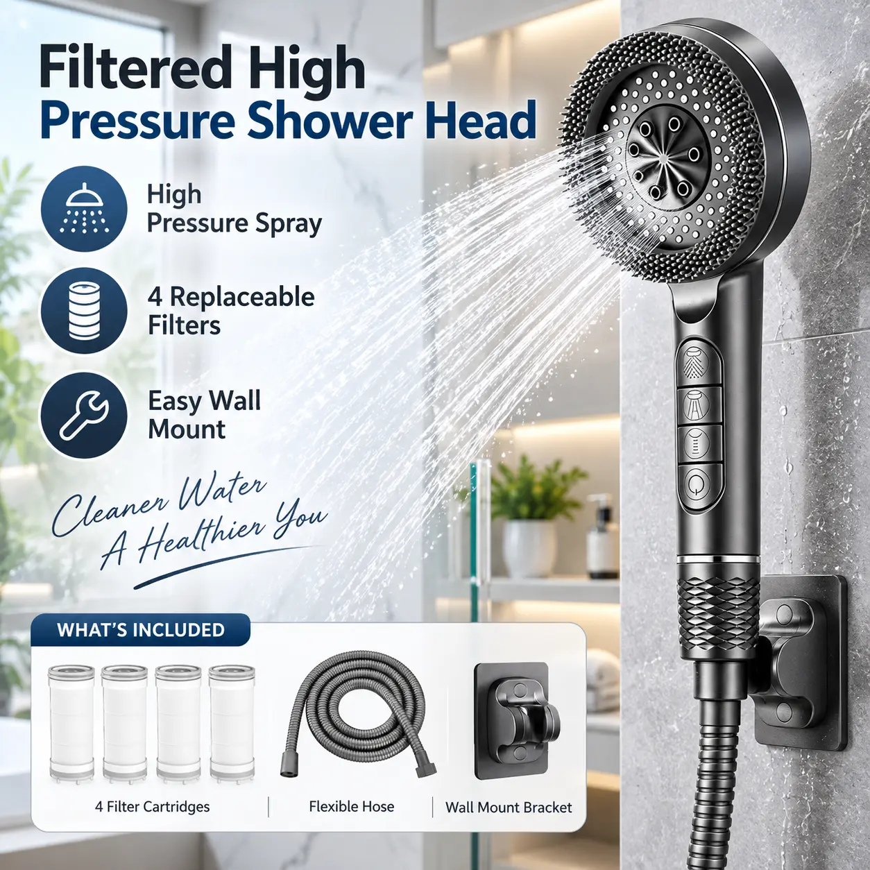 Filtered High Pressure Handheld Shower Head with 4 Replaceable Filters, Multiple Spray Modes, Flexible Hose & Wall Mount Bracket for Bathroom