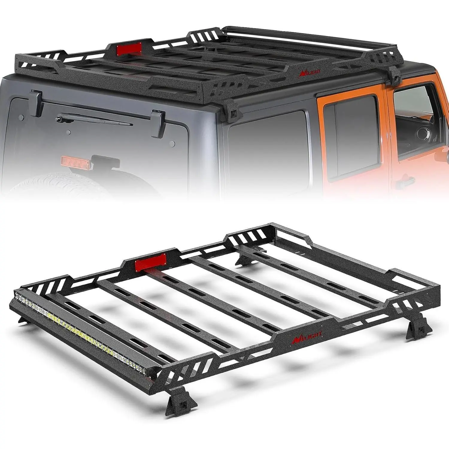 Nilight Aerodynamic Roof Rack Cargo Basket with LED Light Bar, 165 lbs Capacity, Bolt-On Cargo Storage Carrier for 2007-2026 Wrangler JK/LJ/Unlimited & Gladiator JT 4 Door Hardtop