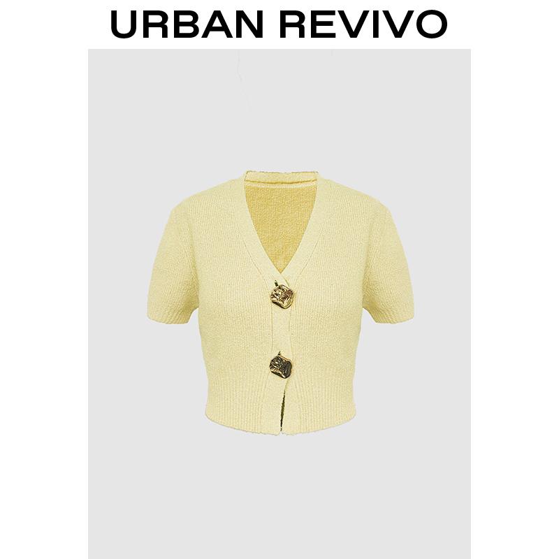 URBAN REVIVO Minimalist V-Neck Short-Sleeve Knit Cardigan Chunky Metal Button Detail Cropped Top SpringStatements
