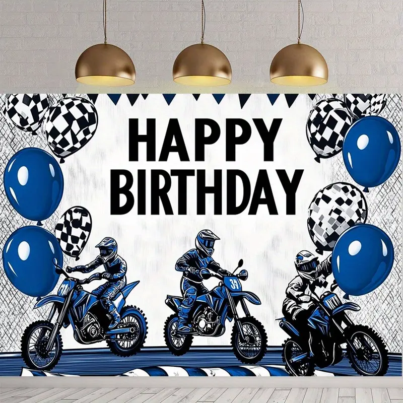 Blue Motorcycle Birthday Party Banner, Racing Motorbike Theme, Polyester Material, Metal Hooks, Indoor Outdoor Decor
