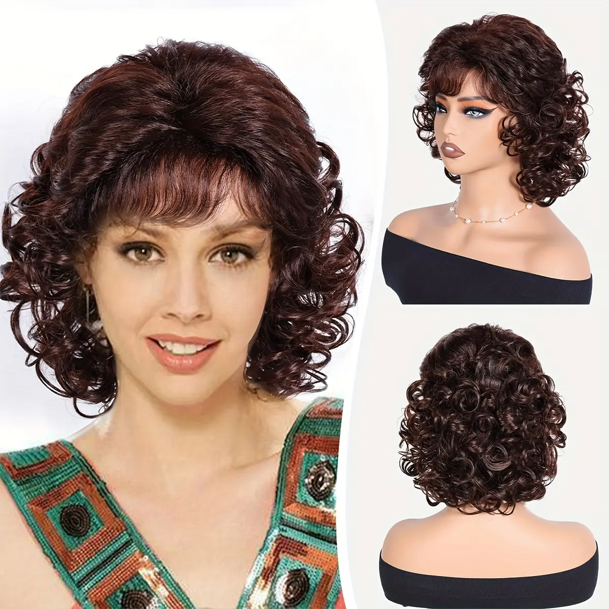 10-inch Short Curly Wig with Side Bangs and Wavy Hair