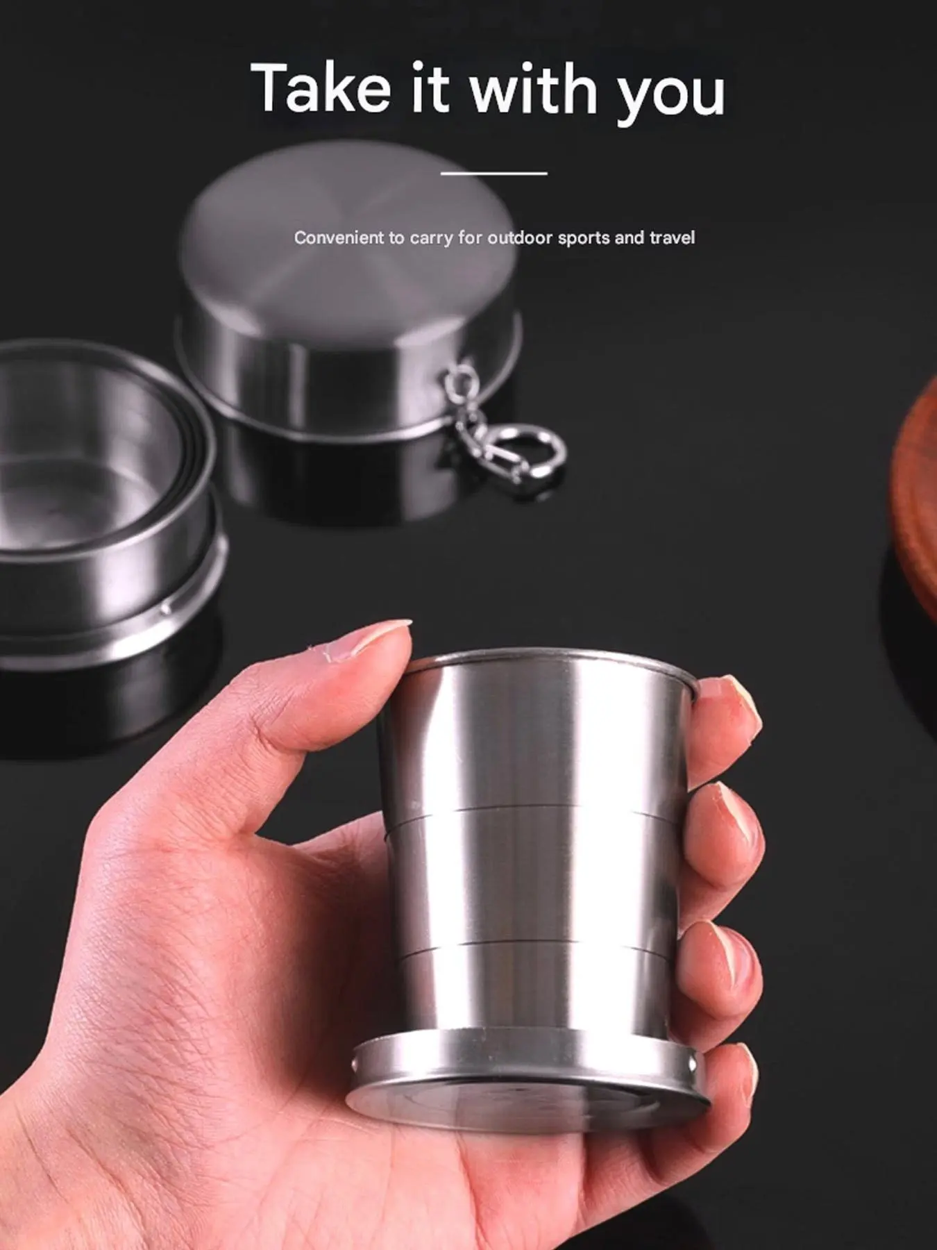 Foldable Cup Keychain, Camping Cookware Extensible Cup, 304 Stainless Steel Portable Foldable Cup with Keychain, Durable Hand Wash Design