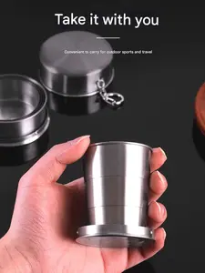 Foldable Cup Keychain, Camping Cookware Extensible Cup, 304 Stainless Steel Portable Foldable Cup with Keychain, Durable Hand Wash Design