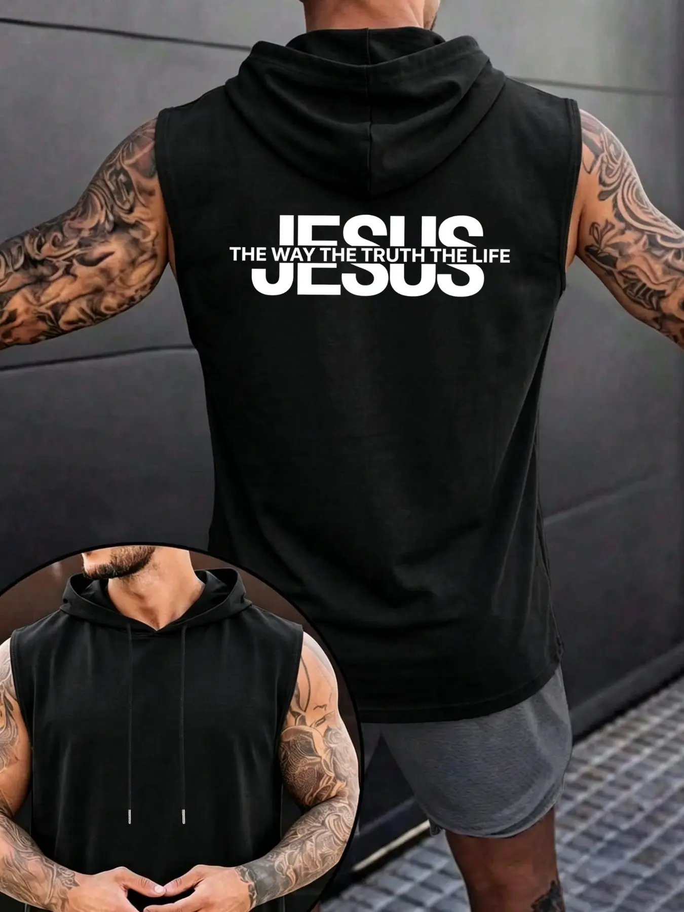 Men Drawstring Hooded Sleeveless Tank Top Jesus Faith Motivational Back Print Gym Workout Singlet Lightweight Christian Religious Streetwear Fitness Vest