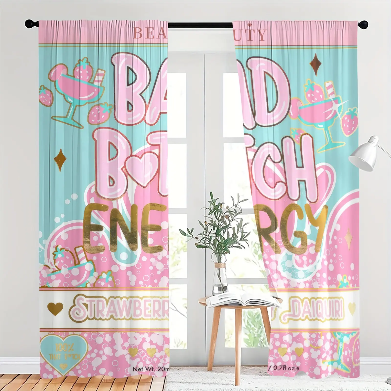 2 Panels Bad Bitch Energy Pink Mint Macaron Curtains, Soft Lightweight Polyester, Heat Insulation Noise Reduction & Privacy. Vintage Candy Drink Label Cartoon Design, Y2K Girly Great For Girls Bedroom Dorm Apartment And Photo Backdrop