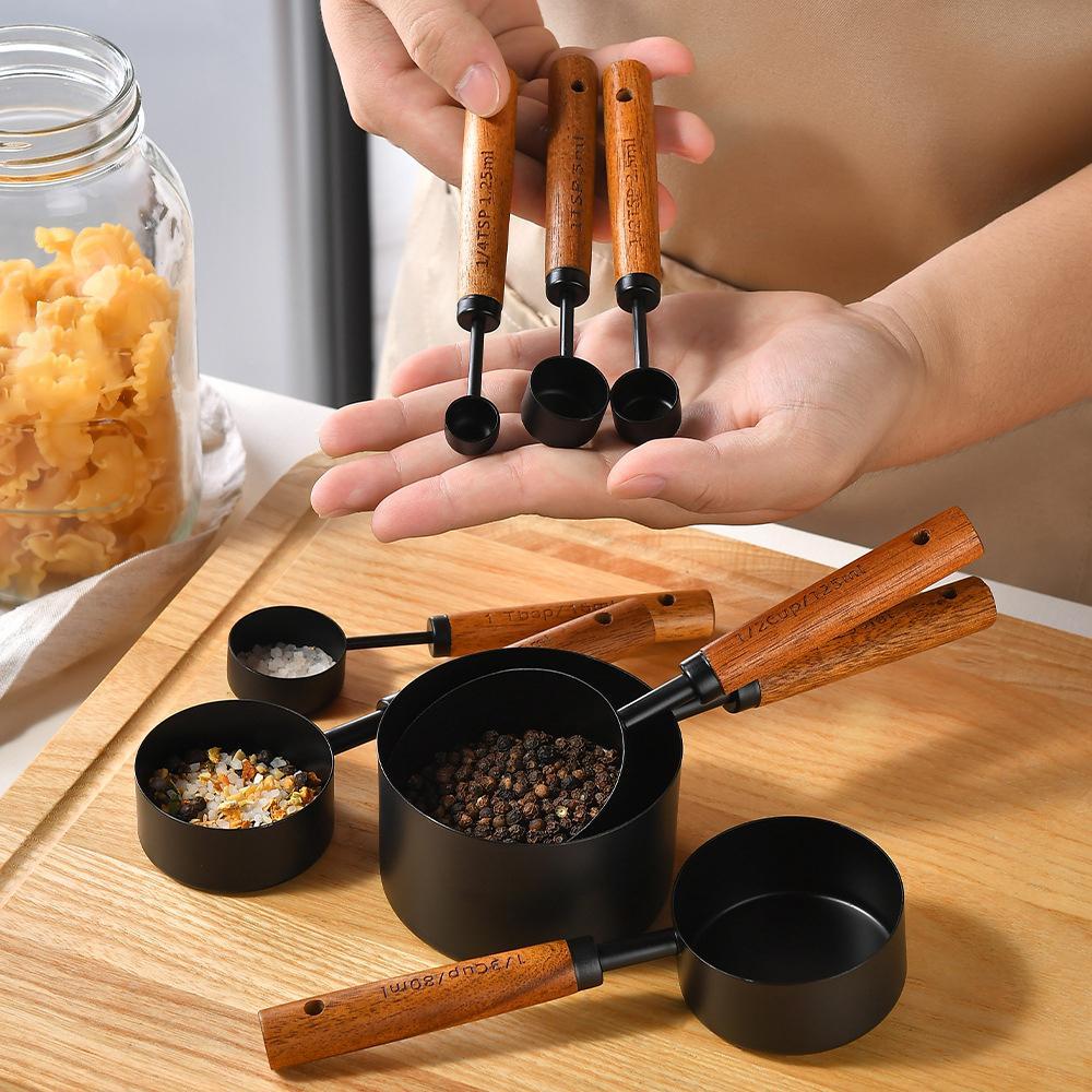 Stainless Steel Measuring Cups & Spoons Set, 8 Counts/set Measuring Cups and Spoons with Ergonomic Wood Handles, Kitchen Utensils for Baking & Cooking