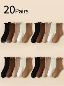 20 Pairs Solid Color Mushroom Hemmed Mid-Calf Socks for Girls, Korean Style, Comfortable and Stylish Footwear for Daily Wear