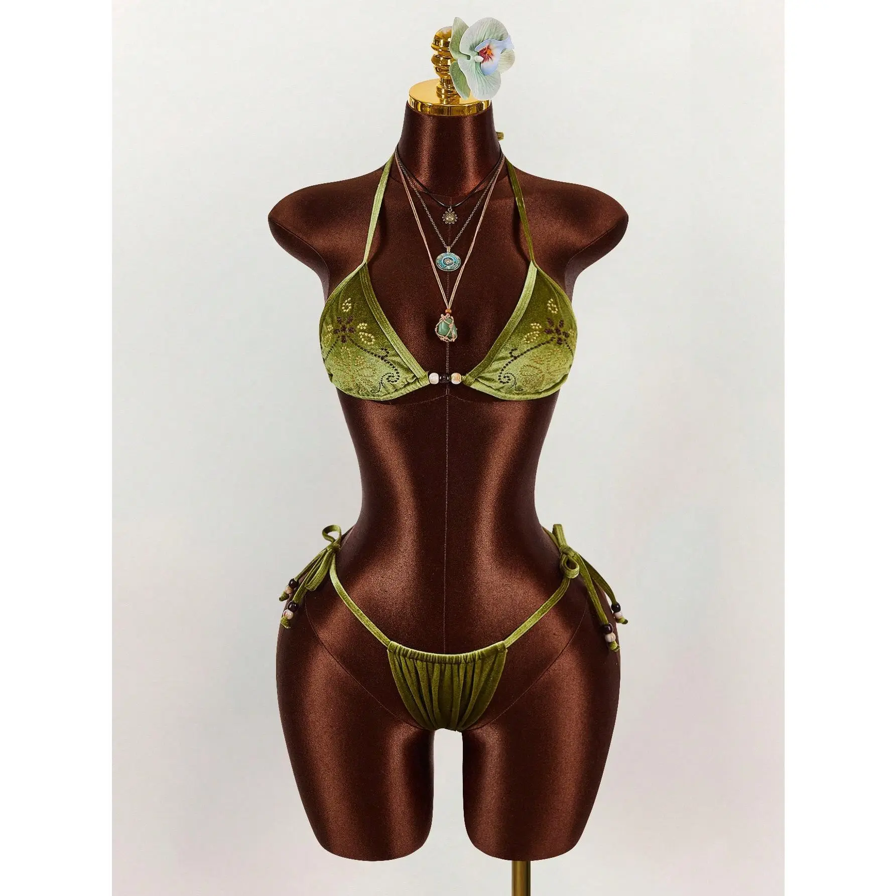 Women's 2-Piece Beaded Embroidered Halter Neck Triangle Cup Backless Crop Top & High Rise Satin Elastane Stretch Fabric Bikini Underwear - Bohemian, Green, All Seasons Sports Bra Set, Machine Washable, Polyester, Sexy
