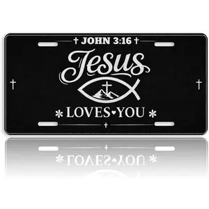 Christian Faith Front License Plate for Men Jesus Fish Cross Based Car Vanity Plates Decorative Aluminum Metal Cute Novelty License Plate 6x12 Inch (4 Holes)