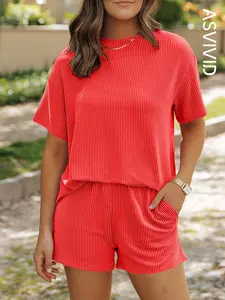Women's Solid Twisted Ribbed Knit Fabric Textured Pocket Shorts Set, Casual Short Sleeve T-shirt & Elastic Waist Shorts, Ladies Summer Clothes for Daily Wear