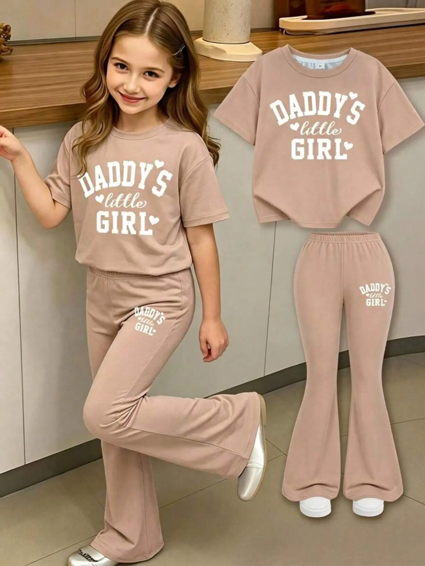 Summer Girls' Short Sleeve Bell Bottom Set, Summer Clothing Set, Daily Wear Versatile Two-Piece