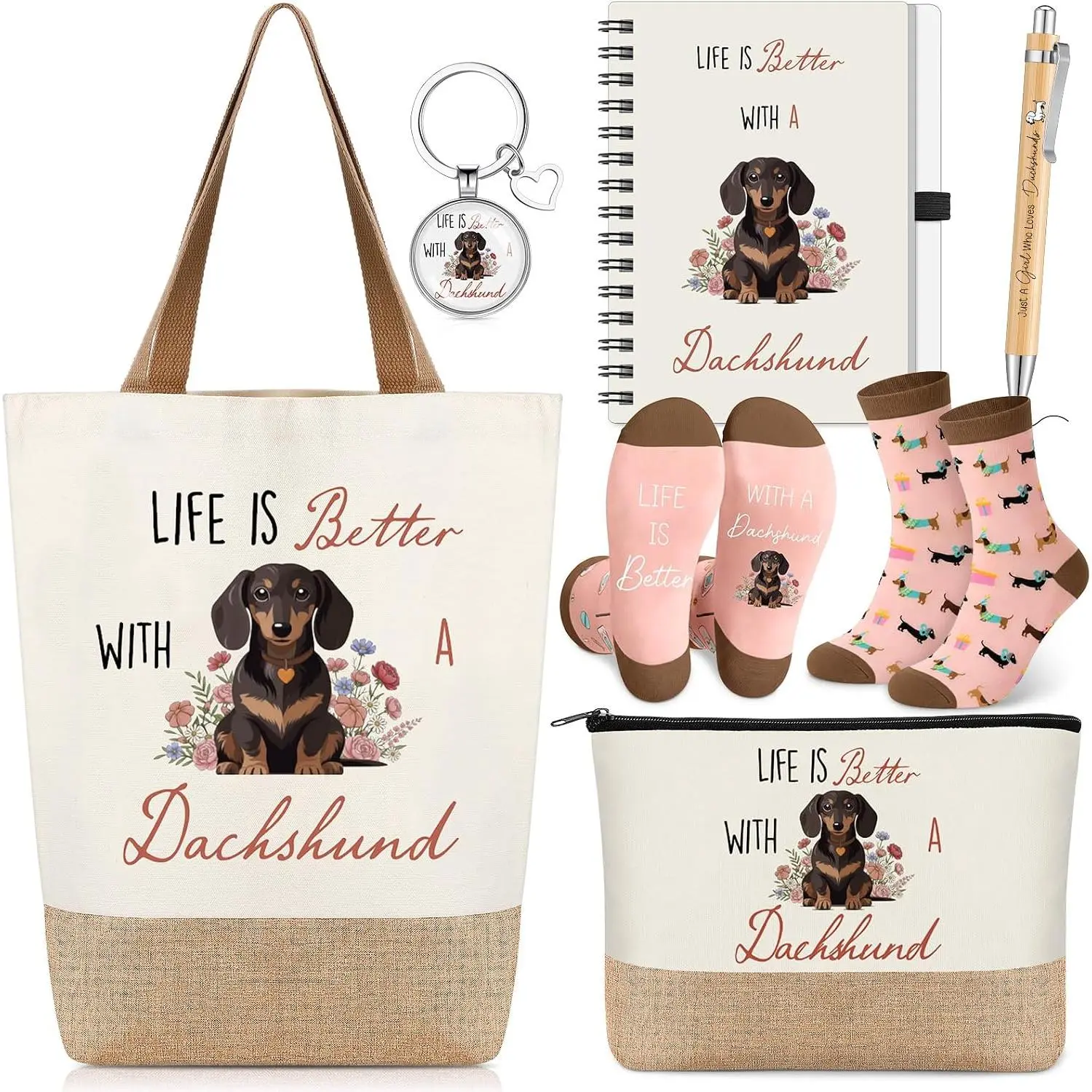 6 count Dachshund  Sets for Women Dachshund   Set with Novelty Socks Makeup Bag  Notebook Tote Bag and Pen for  Mom  Lover Birthday Gifts