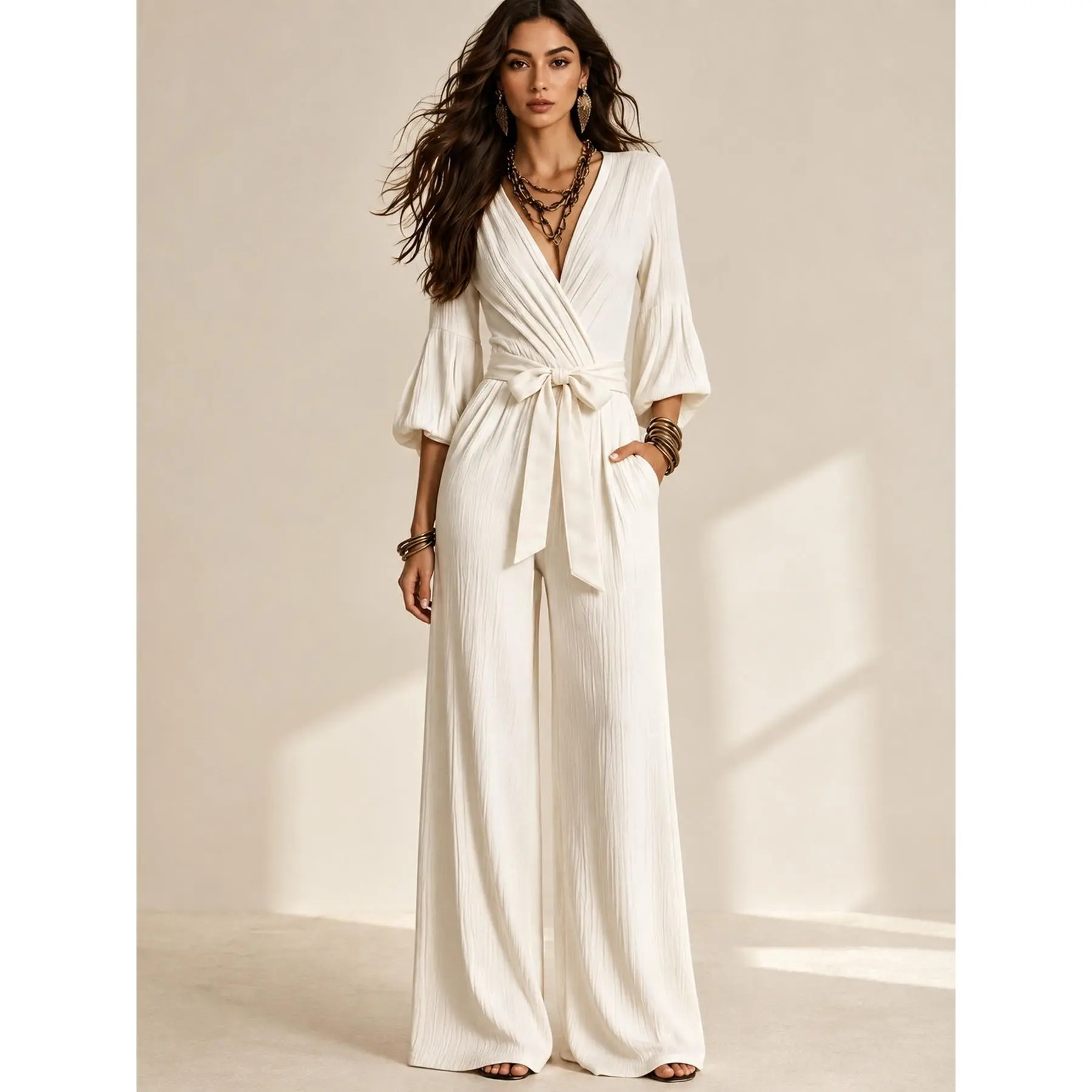Women'S Must-Have New Autumn Winter French-Style Deep V Puff Sleeve Waist-Cinching Belted High-Waisted Long Jumpsuit with Wide Legs| Romantic And Elegant Style, Suitable for Dates, Dinner Gatherings, Holiday Trips, Small Parties, And Eve