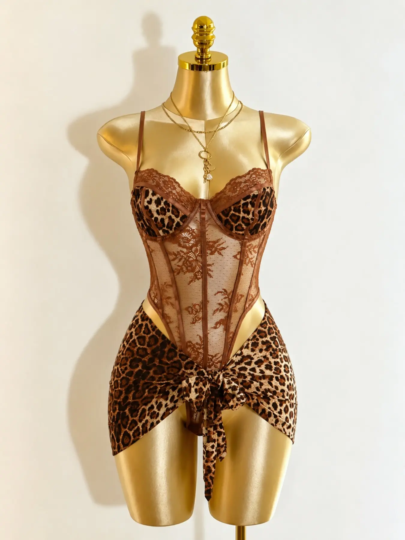 Women 2pcs Sexy Bodysuit Skirt Set, Leopard Print Sheer Lace Mesh Corset, Bodycon Mini Skirt Lingerie, Night Out, Spaghetti Strap