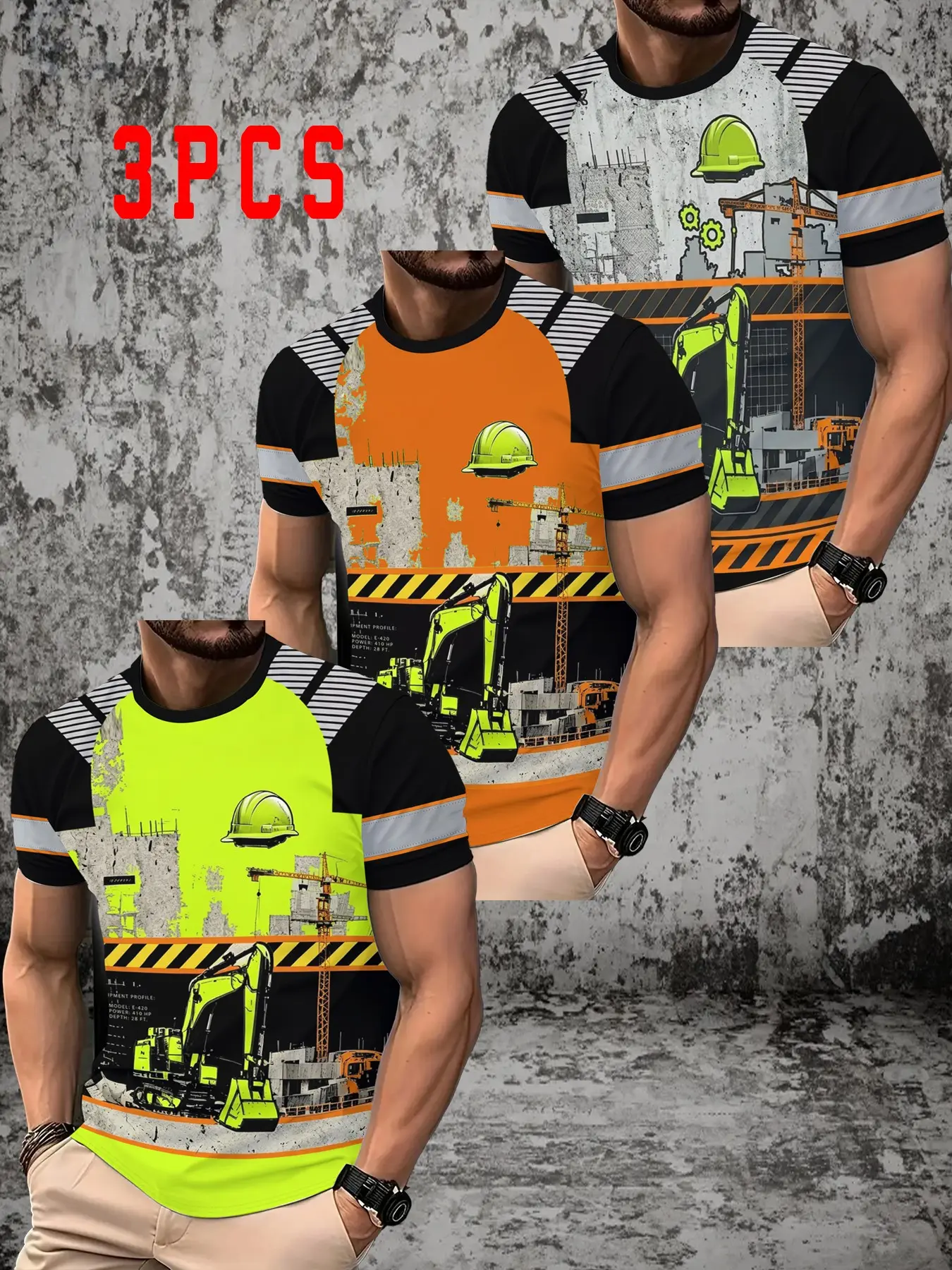 3-Pack Men's Quick-Dry Breathable T-Shirts, Short Sleeve Round Neck Casual Summer Tees, Worker Festival Pattern, Gift, Tops