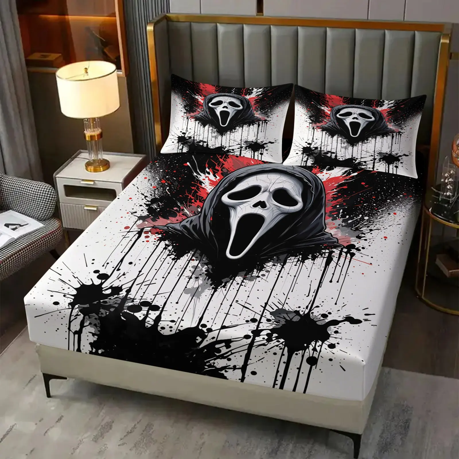 3-Piece Horror Movie Themed Fitted Sheet Set& 2 Coreless Pillowcases,  Grinning Killers In Street Splash Ink Graffiti Art Style, The Skin-Friendly, BreathableSoft Polyester Works Practical Mattress Protector, Ideal Household Decor To Build Spooky Atmosphe