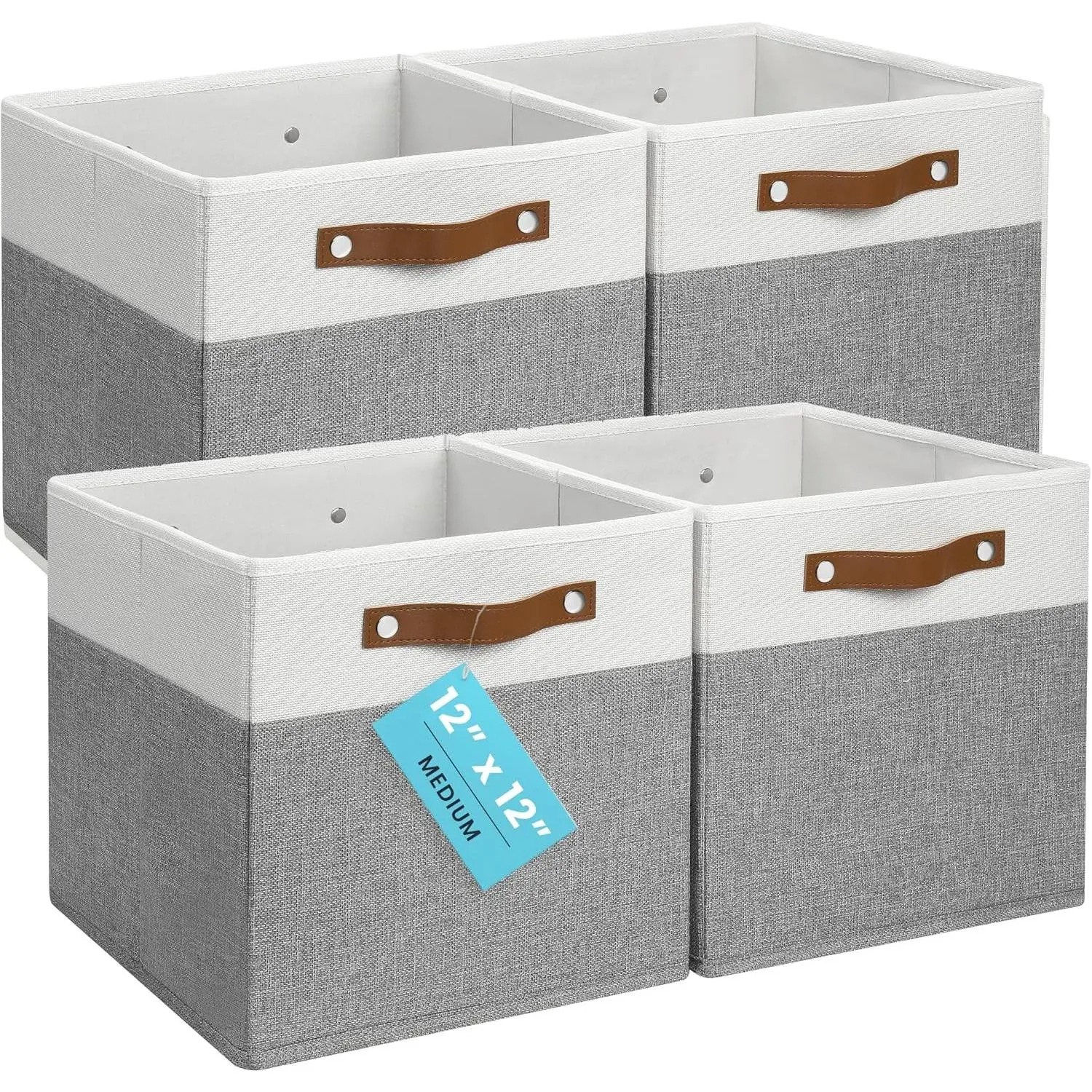 12x12 Fabric Cube Storage Bins (Set of 4) - Sturdy Odor-Free Collapsible Storage Cubes with Vegan Leather Handles, Fits Standard 12-Inch Cube Shelves, Holds Shape PerfectlyGift