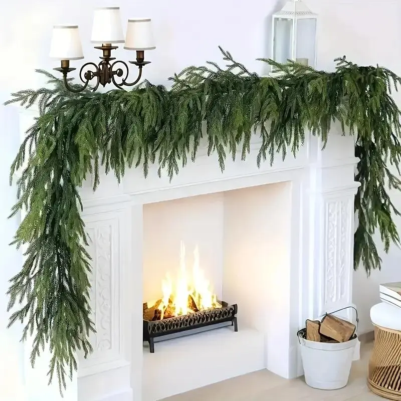 Daily decorative green artificial pine garland, suitable for Christmas holiday fireplace and window decoration, suitable for indoor and outdoor use