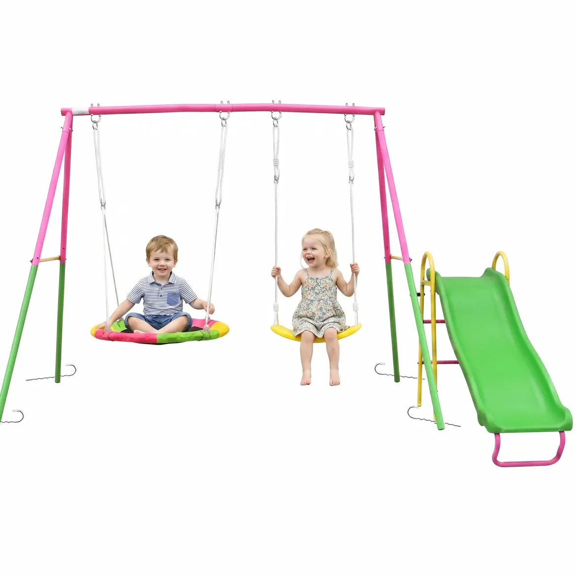 3-in-1 Heavy-Duty Metal Swing Sets for Backyard, A-Frame Playground Equipment with Slide and Saucer Swing Seat, Outdoor Kids Play Gear & Toys.